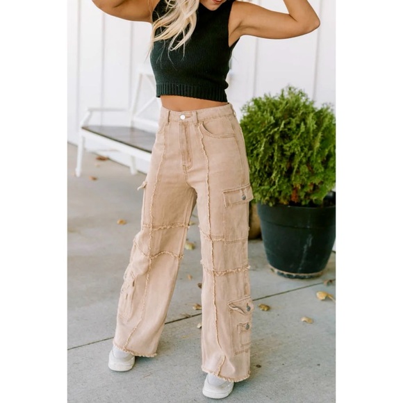 POL Reverse Seamed Relaxed Fit Straight Wide Leg Cargo Jeans in Coffee - Picture 4 of 13